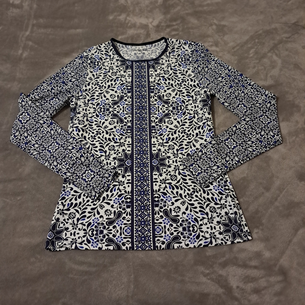 Lands End Long Sleeve Swim Rash Guard Deep Sea Mixed Medallion Top UPF50+ XXS.